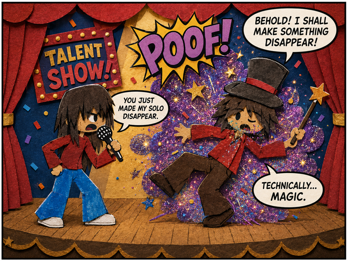 Scene 2: The magician makes the singer's solo disappear with a POOF!