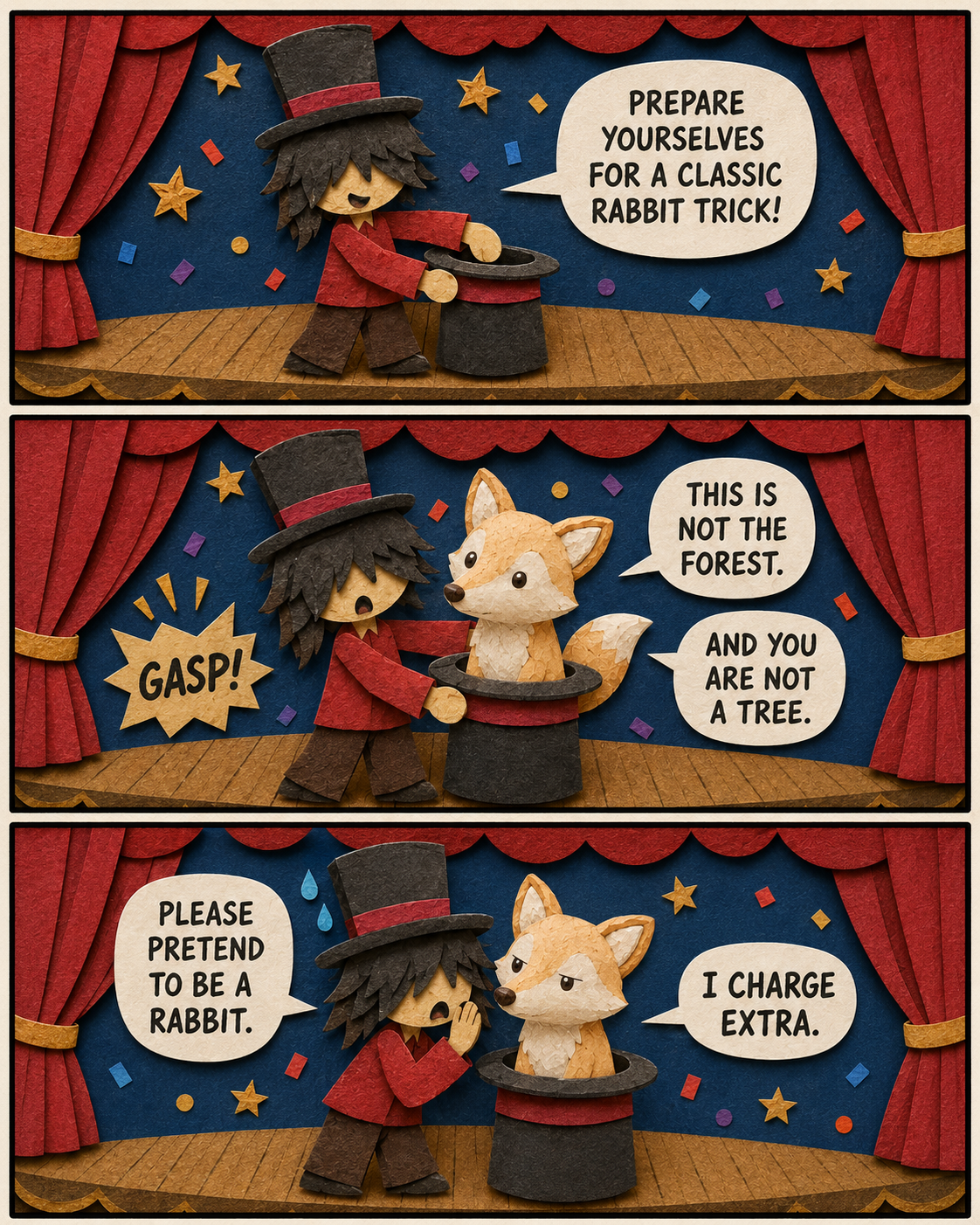 Scene 3: The magician pulls a fox out of his hat instead of a rabbit