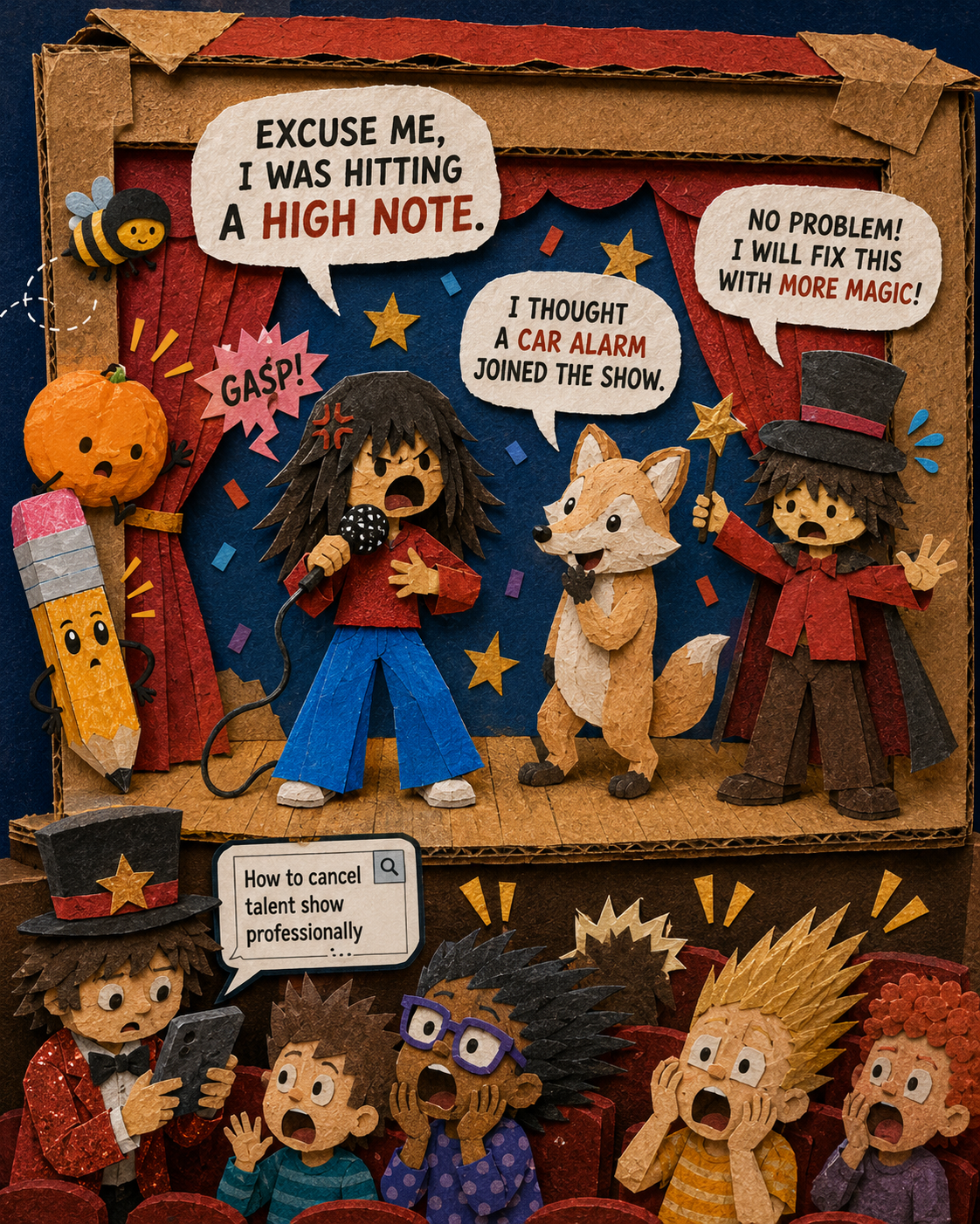 Scene 4: The talent show erupts in chaos with a shocked audience