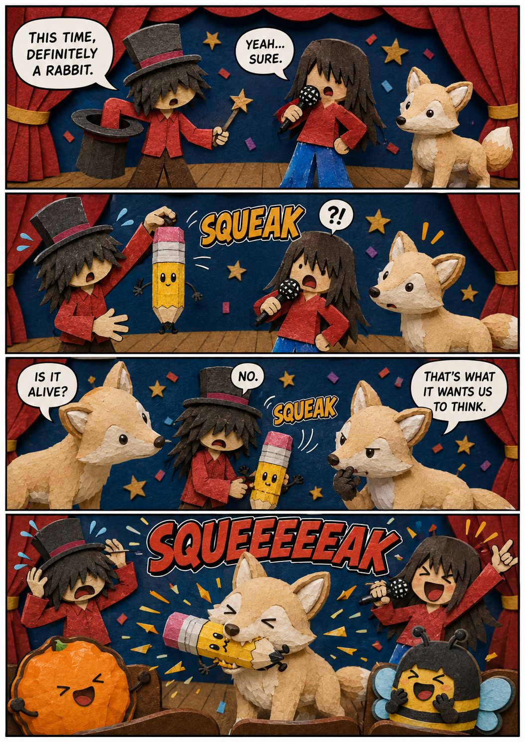 Scene 5: The magician pulls a squeaky animated pencil from his hat