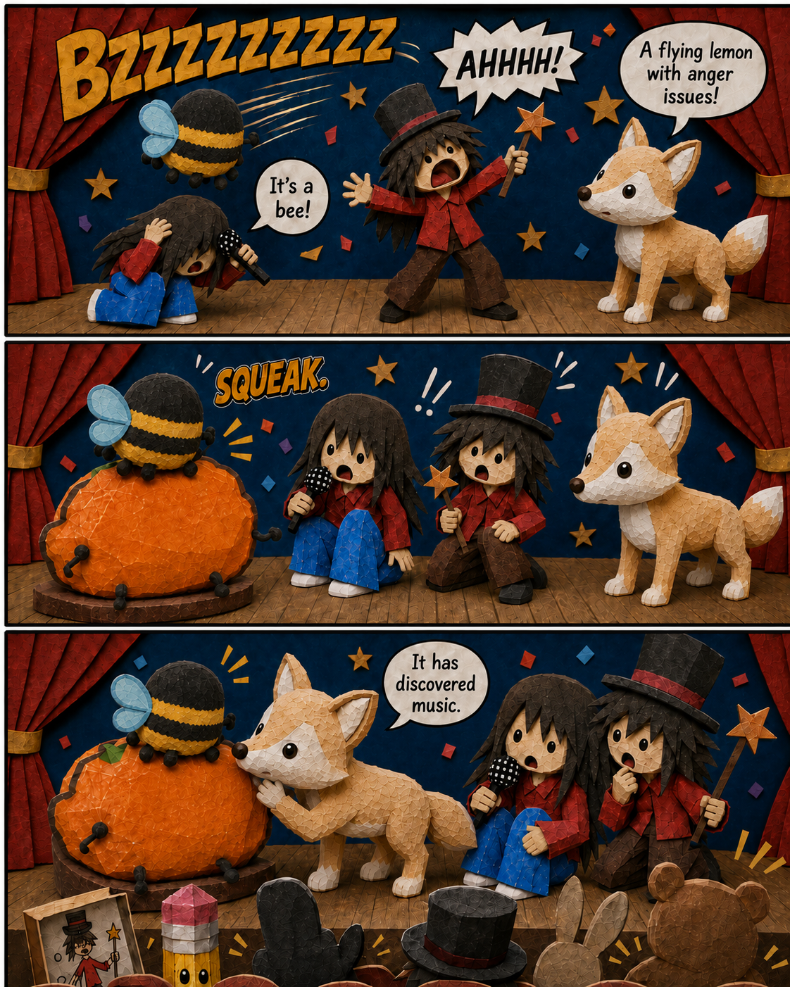 Scene 6: A bee flies onto the stage and discovers music